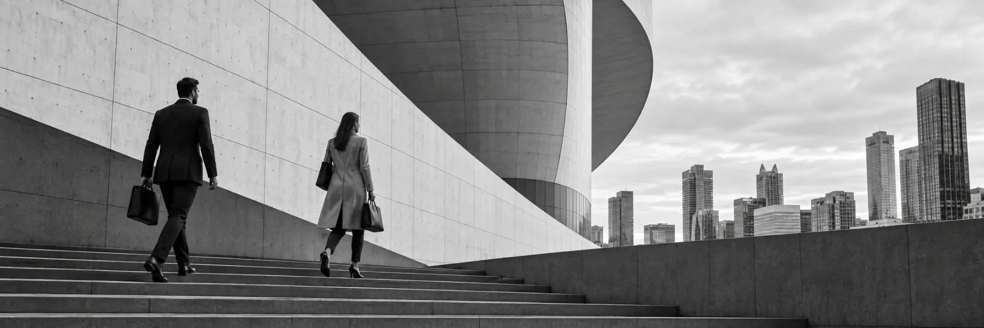 Two professionals climbing a wide stone staircase toward a city skyline.